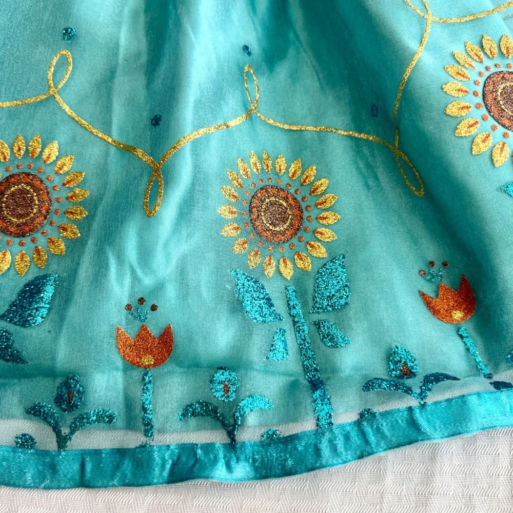 Disney Parks Frozen Fever Anna Costume Dress Sunflower Girls Size S 7-8 Teal - Picture 15 of 16